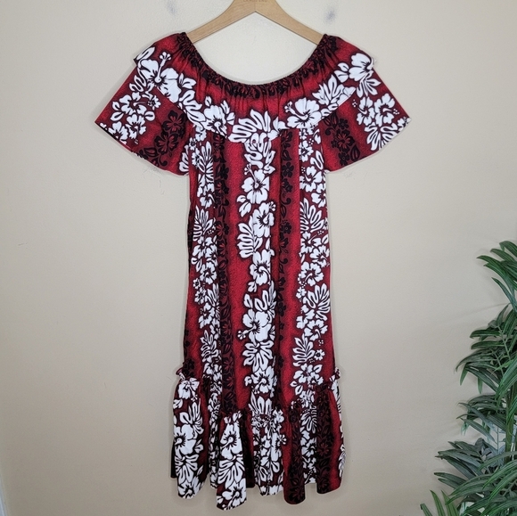 Vintage Royal Creations Red Hawaiian Floral Off Shoulder Midi Dress Size Medium - Picture 5 of 6
